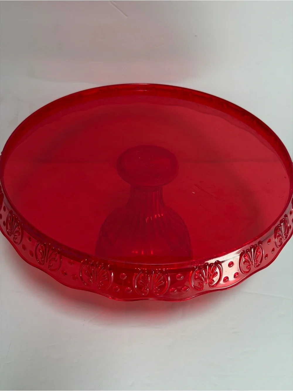 Red Plastic Pedestal Cake Stand and Large Tray